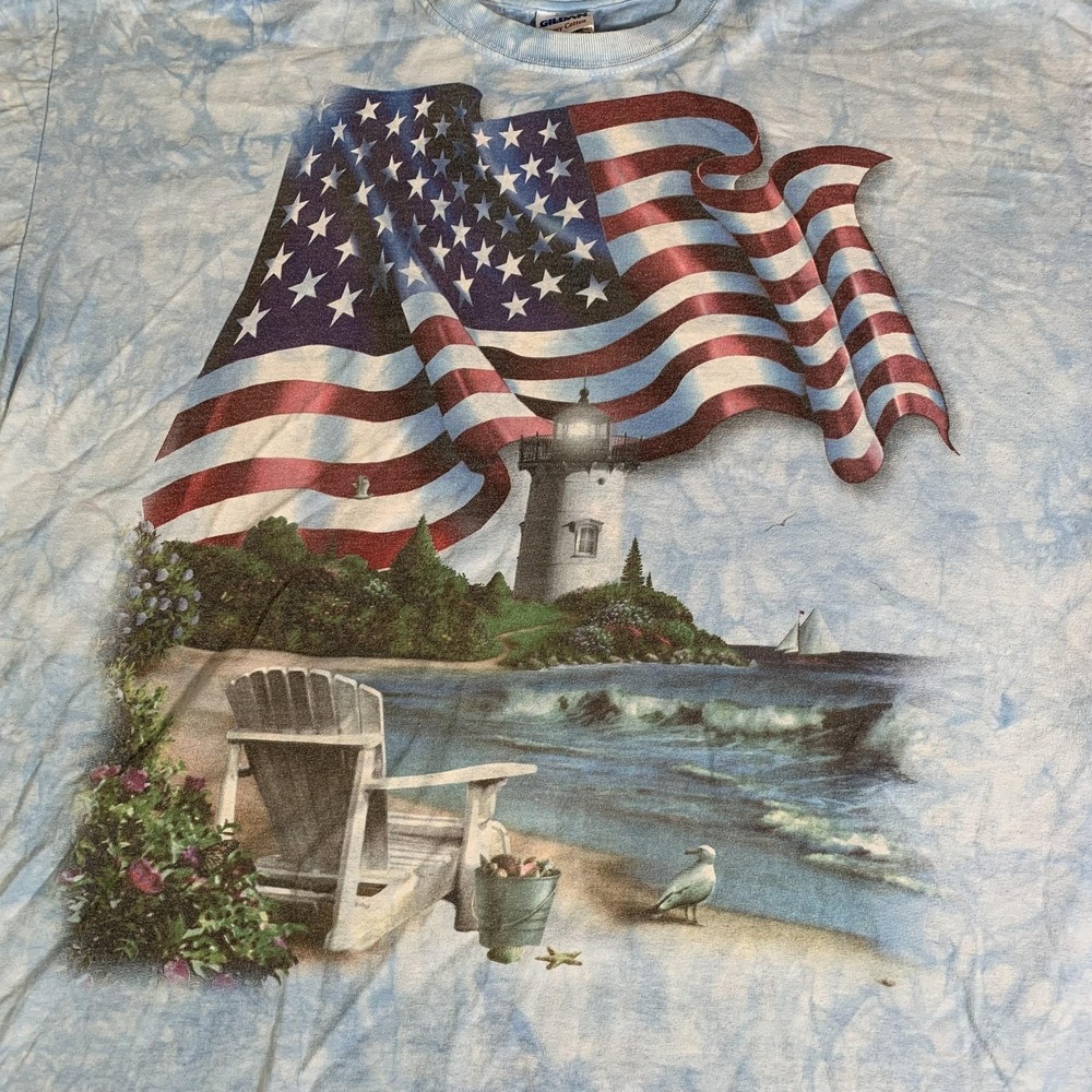 Vintage Gildan Shirt Mens 2XL Blue Tie Dye American Flag Lighthouse‎ Beach USA